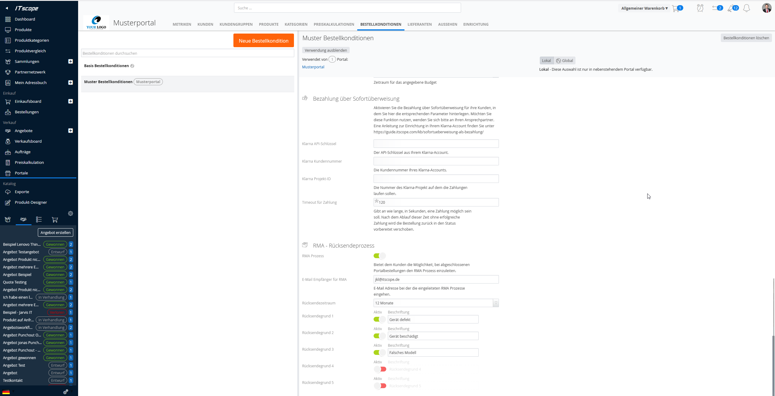 Screenshot ITscope Bestellkonditionen mit RMA Rücksendeprozess