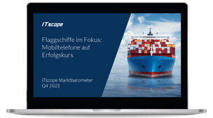 Notbeook mit Containerschiff und Text: Mobiltelefone auf Erfolgskurs