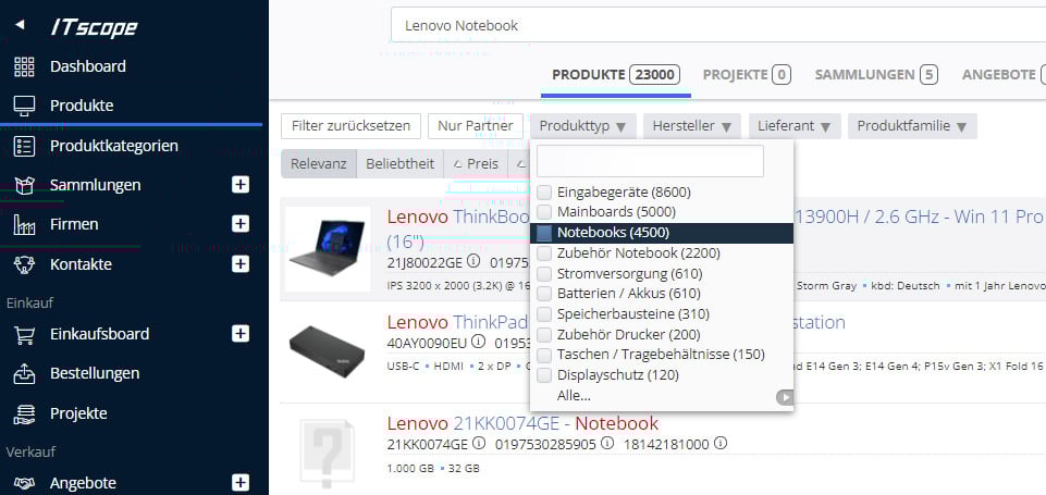 Screenshot aus ITscope: Produktkategorie Notebooks auswählen