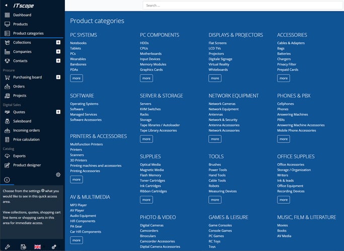 Screenshot product categories on the ITscope platform