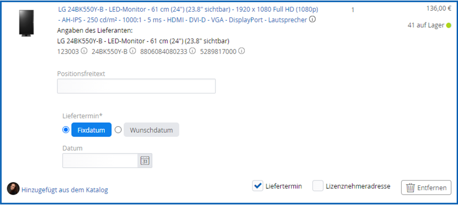 Screenshot Auswahl Liefertermin in ITscope