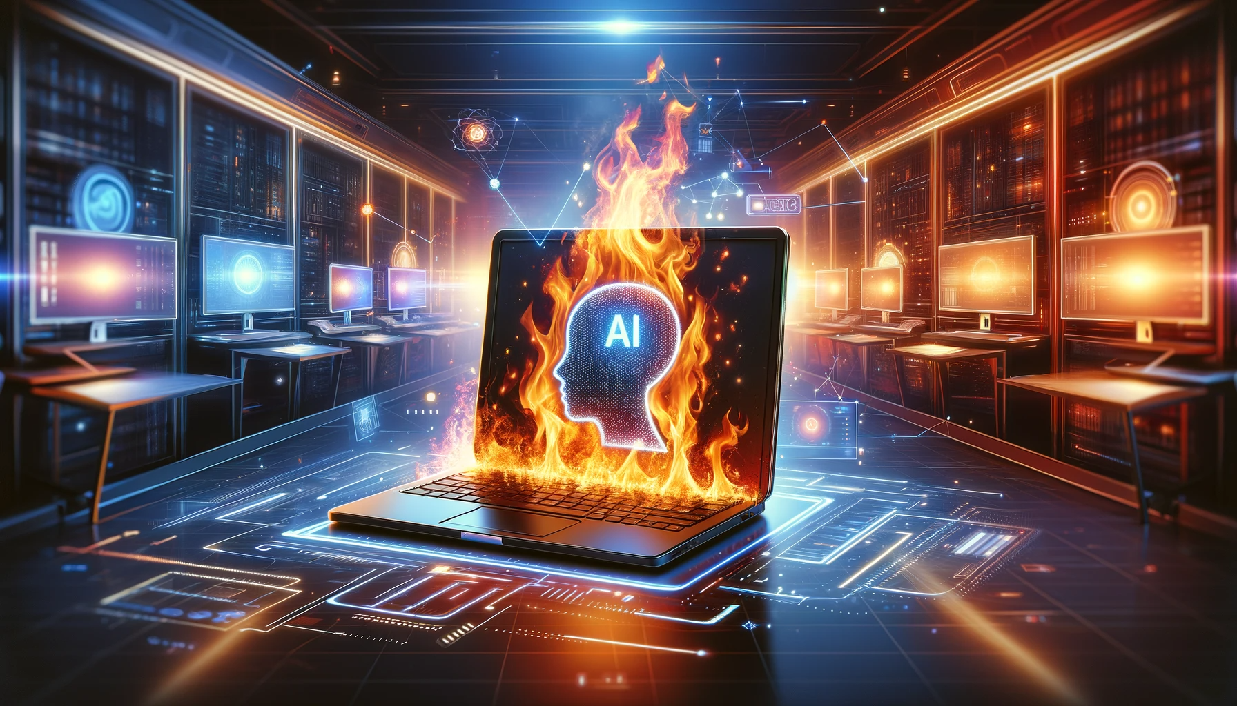 Ein brennendes KI-Notebook in futuristischem Umfeld.